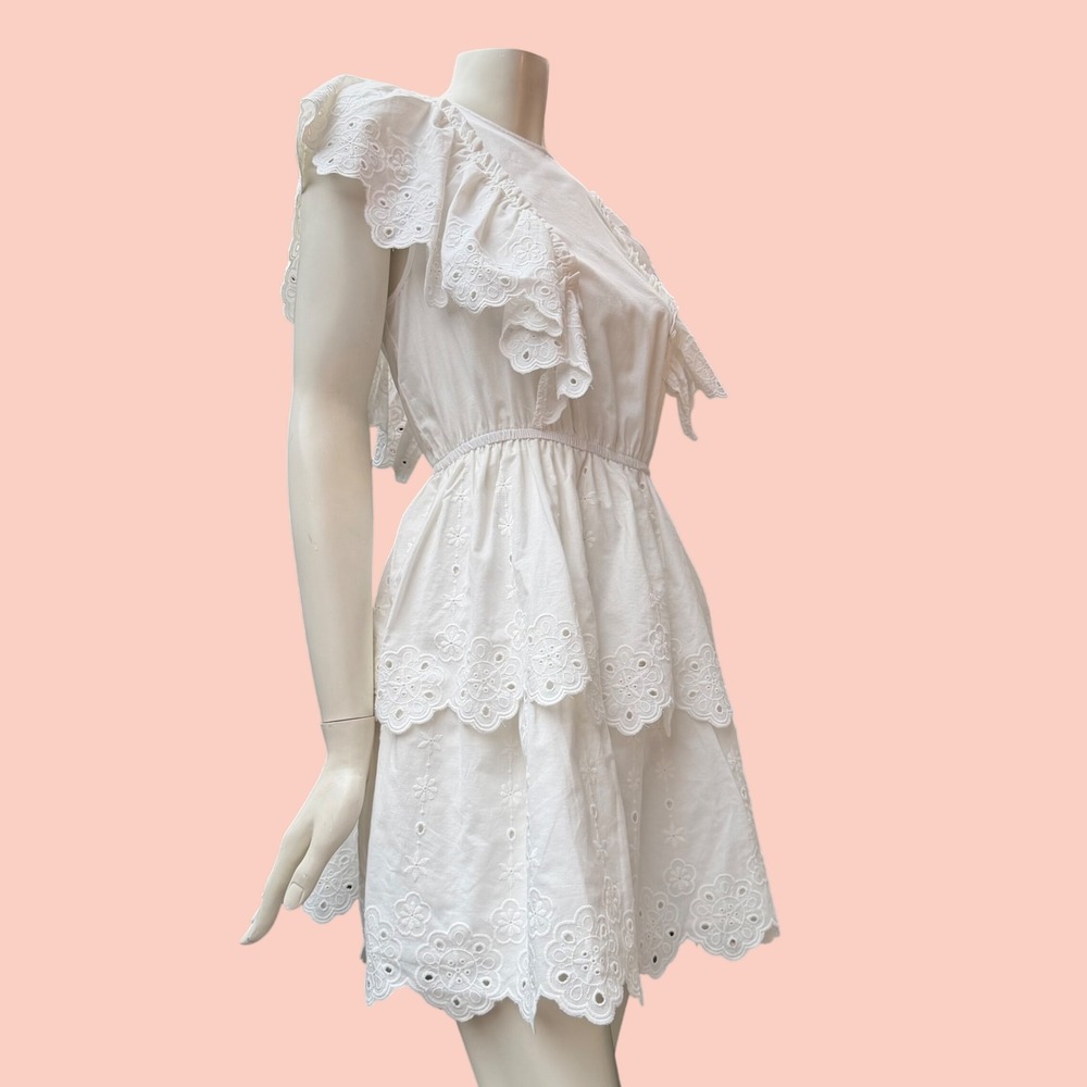 H&M Divided Eyelet Ruffle Mini Dress White Cottagecore Coquette Boho Whimsy Sz L